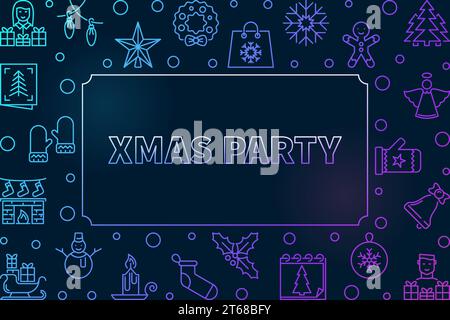 Xmas Party horizontal colored frame or background in thin line style. Vector illustration Stock Vector