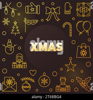 Xmas modern golden linear illustration. Vector colorful Merry Christmas background or frame in outline style Stock Vector