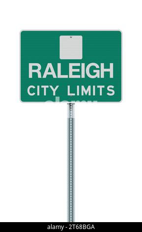 Vector illustration of the Raleigh (North Carolina) City Limits green road sign on metallic post Stock Vector