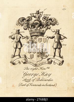 Coat of arms of the Right Honourable George Hay, Lord of Penwardian, 8th Earl of Kinnoule in Scotland. Copperplate engraving by Andrew Johnston after C. Gardiner from Notitia Anglicana, Shewing the Achievements of all the English Nobility, Andrew Johnson, the Strand, London, 1724. Stock Photo