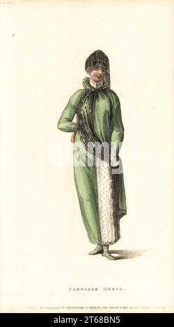 Regency woman in carriage dress in sprigged jaconot muslin, robe pelisse of Pomona green Spanish lambswool, regency cap of white satin and lace., black lace veil. Plate 17, March 1 1811. Handcoloured copperplate engraving by Thomas Uwins from Rudolph Ackermann's Repository of Arts, London. Stock Photo