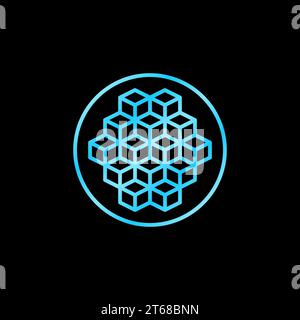 Blockchain Blocks in circle vector concept blue outline icon. Block-chain Crypto colored line round symbol on dark background Stock Vector