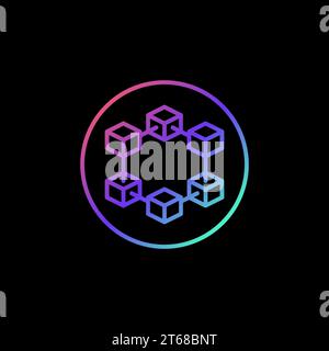 Blockchain Blocks vector thin line concept colored round icon. Circle with Block Chain Network colorful symbol on dark background Stock Vector
