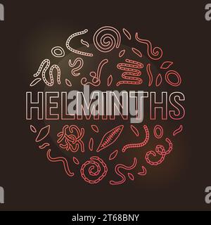 Round Banner with Fluke, Tapeworm, Nematode, Ascariasis outline signs. Vector Helminths concept circular colored illustration on dark background Stock Vector
