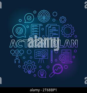 Action Plan vector round blue modern outline illustration on dark background Stock Vector