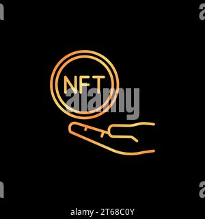 NFT Coin with Hand vector thin line Non-Fungible Token concept golden icon or sign on dark background Stock Vector
