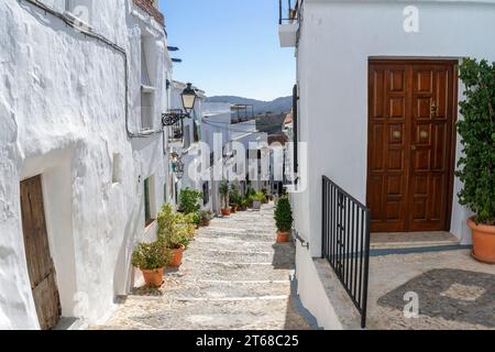 Narrow street of an Andalusian village with its white houses, pots and flowers. Frigiliana Malaga. Spain. Stock Photo