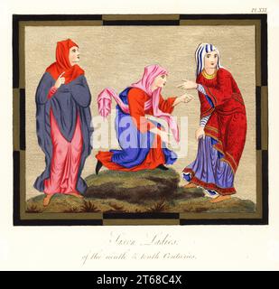 Anglo Saxon woman in mantle, and woman wearing her veil crossed from Prudentius, Cotton MS Cleopatra C viii, and woman in a tunic with embroidered border from Gregory's Book of Job, Royal MS C vi. Saxon ladies of the 9th and 10th centuries. Handcoloured engraving by Joseph Strutt from his Complete View of the Dress and Habits of the People of England, Henry Bohn, London, 1842. Stock Photo