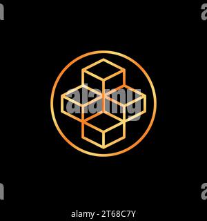 Blockchain vector thin line concept golden icon - Circle and Block chain network with 4 Blocks creative round symbol on dark background Stock Vector