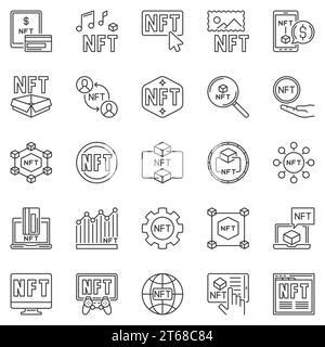 NFT outline icons set - Non-Fungible Token thin line concept symbols. Vector Crypto Technology signs Stock Vector
