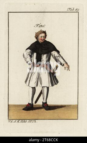 Knight of the Order of Alcantara, a Spanish Cistercian military order founded in 1176. In black cape over white tunic, armed with a sword. Copied from an illustration by Christoph Weigel in Philipp Bonannis Ritter-Ordern, 1728. Handcolored copperplate engraving from Robert von Spalart's Historical Picture of the Costumes of the Principal People of Antiquity and Middle Ages, Vienna, 1802. Stock Photo