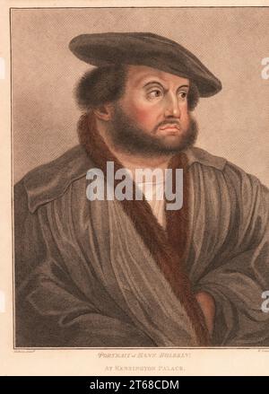 Self-portrait of the artist Hans Holbein at Kensington Palace. Handcoloured copperplate stipple engraving by Robert Cooper after a portrait by Hans Holbein the Younger from Imitations of Original Drawings by Hans Holbein, John Chamberlaine, London, 1812. Stock Photo