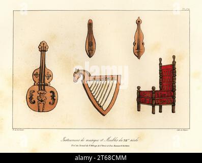 Musical instruments, guitar, citoles and harp, and furniture of the 12th century taken from the Basilica of Saint-Denis and contemporary manuscripts. Instrumens de musique et meubles du XIIe siecle (Tire du portail de lAbbaye de St. Denis et dun manuscrit du tems). Handcoloured lithograph by Villain after an illustration by Horace de Viel-Castel from his Collection des costumes, armes et meubles pour servir à l'histoire de la France (Collection of costumes, weapons and furniture to be used in the history of France), Treuttel & Wurtz, Bossange, 1829. Stock Photo