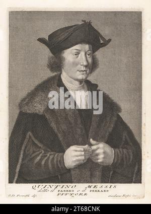 Quentin Matsys or Quinten Massijs, Flemish painter in the Early Netherlandish tradition, worked in Louvain and Antwerp, 14661530. Quintino Messis, detto il Fabbro o il Ferraro, Pittore. Copperplate engraving by Girolamo Rossi after Giovanni Domenico Ferretti after a self portrait by the artist from Francesco Moucke's Museo Florentino (Museum Florentinum), Serie di Ritratti de Pittori (Series of Portraits of Painters) stamperia Mouckiana, Florence, 1752-62. Stock Photo