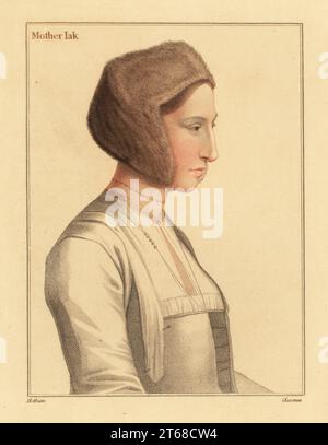 Margaret Clement (née Giggs), foster daughter of Thomas More, wife to John Clement, tutor to the More children. (Mislabeled as Mother Jak, nurse to King Edward VI.) Mother Iak. Handcoloured copperplate stipple engraving by Thomas Cheesman after a portrait by Hans Holbein the Younger from Imitations of Original Drawings by Hans Holbein, John Chamberlaine, London, 1812. Stock Photo