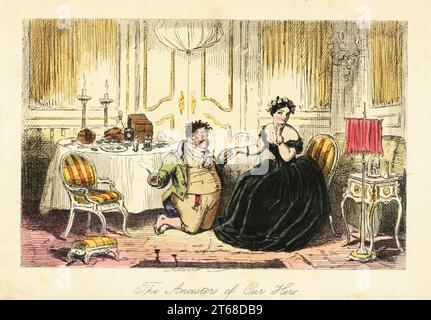 English gentleman courting a young lady in a restaurant in an inn, 19th century. Woman in black crinoline with garland of flowers in her hair. Interior of an inn on a stage coach road. Billy Pringle Sr. helping Miss Willing to find her ring dropped under the table. The ancestors of our hero. Handcoloured steel engraving after an illustration by John Leech from Robert Smith Surtees Ask Mamma, or the Richest Commoner in England, Bradbury and Evans., London, 1858. Stock Photo