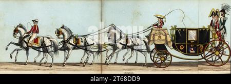 Carriage of Eugène François Charles Joseph Lamoral de Ligne d'Amblise et d'Epinoy, Prince of Ligne, representing Leopold I, King of Belgium, in Queen Victorias coronation parade. Handcoloured aquatint engraving from Fores' Correct Representation of the State Procession on the Occasion of the August Ceremony of Her Majesty's Coronation, June 28th 1838, published by Fores, Sporting and Fine Print Repository, Piccadilly, London, 1838. Stock Photo