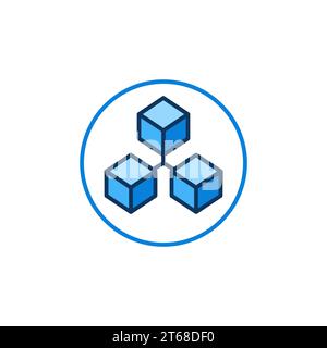 Three Connected Blocks - Circle with Blockchain Technology vector concept blue icon or symbol Stock Vector