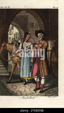 Milk-vendor Anabaptists of Basel, Switzerland, 16th century. Anabattisti. Handcoloured copperplate engraving by Verico from Giulio Ferrarios Costumes Ancient and Modern of the Peoples of the World, Il Costume Antico e Moderno, Florence, 1837. Stock Photo