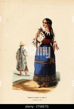 Low-class Quechua woman and man of Chuquisaca, Bolivia, South America. She wears a round pleated and embroidered dress, white bodice, and wears her hair in several long braids. The man in sugar-loaf hat, long colorful coat and leather sandals. Femme et homme de Bolivia, ou femme quicha de la classe inferieure, Amerique du Sud. Handcoloured woodcut by E. Duverger from Auguste Wahlen's Moeurs, Usages et Costumes de tous les Peuples du Monde, (Manners, Customs and Costumes of all the People of the World) Librairie Historique-Artistique, Brussels, 1845. Wahlen was the pseudonym of Jean-Francois-Ni Stock Photo