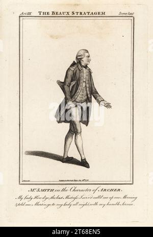 Mr. William Smith in the character of Archer in George Farquhars The Beaux Stratagem, Covent Garden Theatre, 1756. Smith was an English actor and theatre manager, 1730-1819. Copperplate engraving after an illustration by James Roberts from Bells British Theatre, Consisting of the most esteemed English Plays, John Bell, London, 1776. Stock Photo