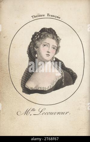 Adrienne Lecouvreur, French actress who developed a naturalistic style of acting, 1692-1730. Performed in plays by Moliere, Racine, Corneille, etc. at the Comedie Francais. Mlle Lecouvreur. Theatre Francais. Handcoloured stipple engraving after Jacques Grasset Saint-Sauveur from Acteurs et Actrices Celebres, Famous Actors and Actresses, Chez Latour Libraire, Paris, 1808. Stock Photo