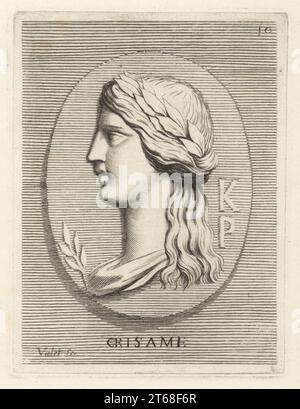 Chrysame, Thessalian priestess of the goddess Enodia, famous for using poisonous herbs to defeat the Ionians at Erythrae, granting victory to Cnopus. Depicted with laurel crown and sprig of a medicinal plant on an onyx gem. Crisame. Copperplate engraving by Guillaume Vallet after Giovanni Angelo Canini from Iconografia, cioe disegni d'imagini de famosissimi monarchi, regi, filososi, poeti ed oratori dell' Antichita, Drawings of images of famous monarchs, kings, philosophers, poets and orators of Antiquity, Ignatio deLazari, Rome, 1699. Stock Photo
