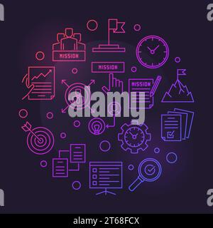 Mission vector round concept colored illustration in outine style on dark background Stock Vector