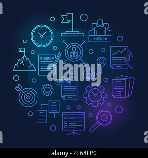 Company Mission Statement vector round blue illustration in outine style on dark background Stock Vector