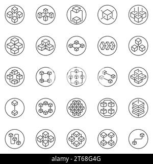 Blockchain Technology Concept Outline round icons set - vector Block-Chain Cryptocurrency abstract linear Symbols in Circles. Decentralized Block Chai Stock Vector