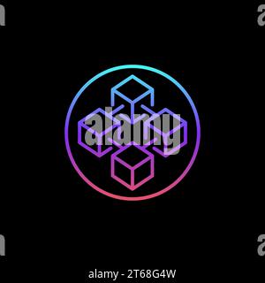 Blockchain Technology linear vector concept blue icon. Circle with Four connected Blocks creative round sign on dark background Stock Vector