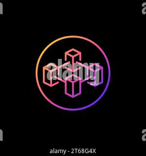 Blockchain with 4 blocks in circle line colored icon. Crypto Block-Chain vector concept linear round symbol on dark background Stock Vector