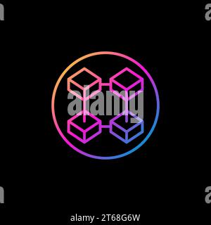 Blockchain Technology linear vector concept modern round icon - 4 Connected Blocks in circle colored line symbol on dark background Stock Vector