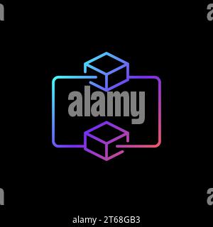 Blockchain Technology linear vector concept blue icon. Two connected blocks creative sign on dark background Stock Vector