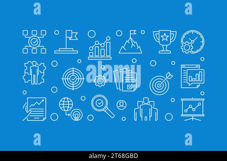 Business Goals and Objectives vector outline horizontal illustration on blue background Stock Vector