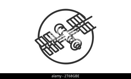 Artificial satelite in orbit around earth. Flat style. On white background. Thin line. Stock Vector