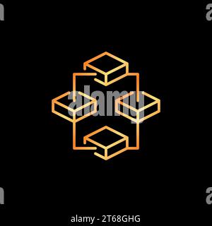 Blockchain vector thin line concept golden icon - Block chain network with 4 Blocks creative symbol on dark background Stock Vector