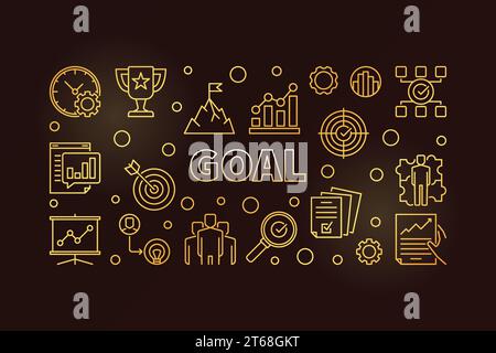 Goal concept golden banner. Vector business outline illustration on dark background Stock Vector