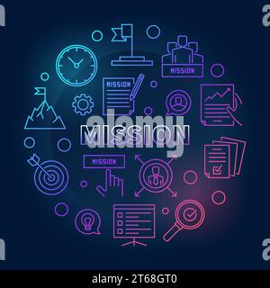 Mission vector circular outline colored illustration on dark background Stock Vector