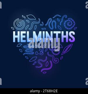 Helminths vector concept heart shape blue illustration - Banner with Helminth Parasitic Worm outline icons on dark background Stock Vector