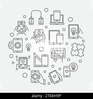Round vector illustration made with smartphone and tablet outline icons. Mobile app development concept Stock Vector