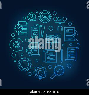 Vector Business Action Plan blue round thin line illustration on dark background Stock Vector