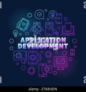 Application Development vector round colorful illustration made with smart-phone, computer and tablet line icons on dark background Stock Vector