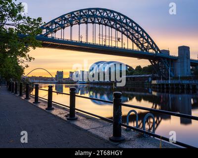 Stnning dawn shot of Tyne and Millenium Bridges with Gateshead Sage Centre, shot from Newcastle Quayside Stock Photo