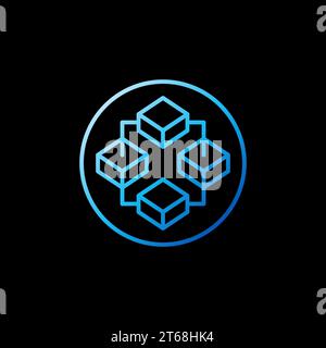 Circle with Blockchain Technology and 4 Blocks vector concept blue line icon or logo element on dark background Stock Vector