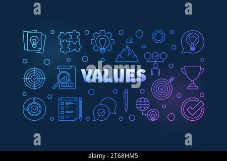 Values vector colored illustration or banner in thin line style on dark background Stock Vector