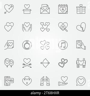 Valentines Day outline icons set. Vector Love, hearts, gift, broken heart, ring concept linear symbols Stock Vector