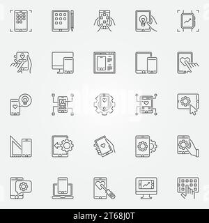 Mobile app development outline icons set. Mobile application building vector symbols in thin line style Stock Vector