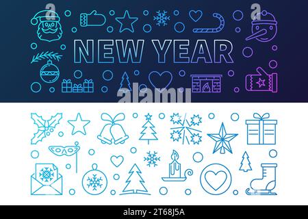 Vector New Year outline colored banners. Vector bright illustration in thin line style Stock Vector
