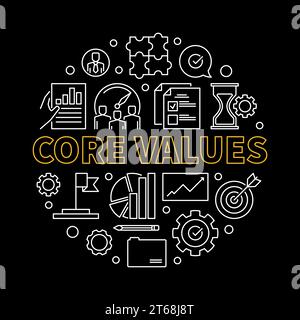 Core Values vector round concept linear simple illustration on dark background Stock Vector